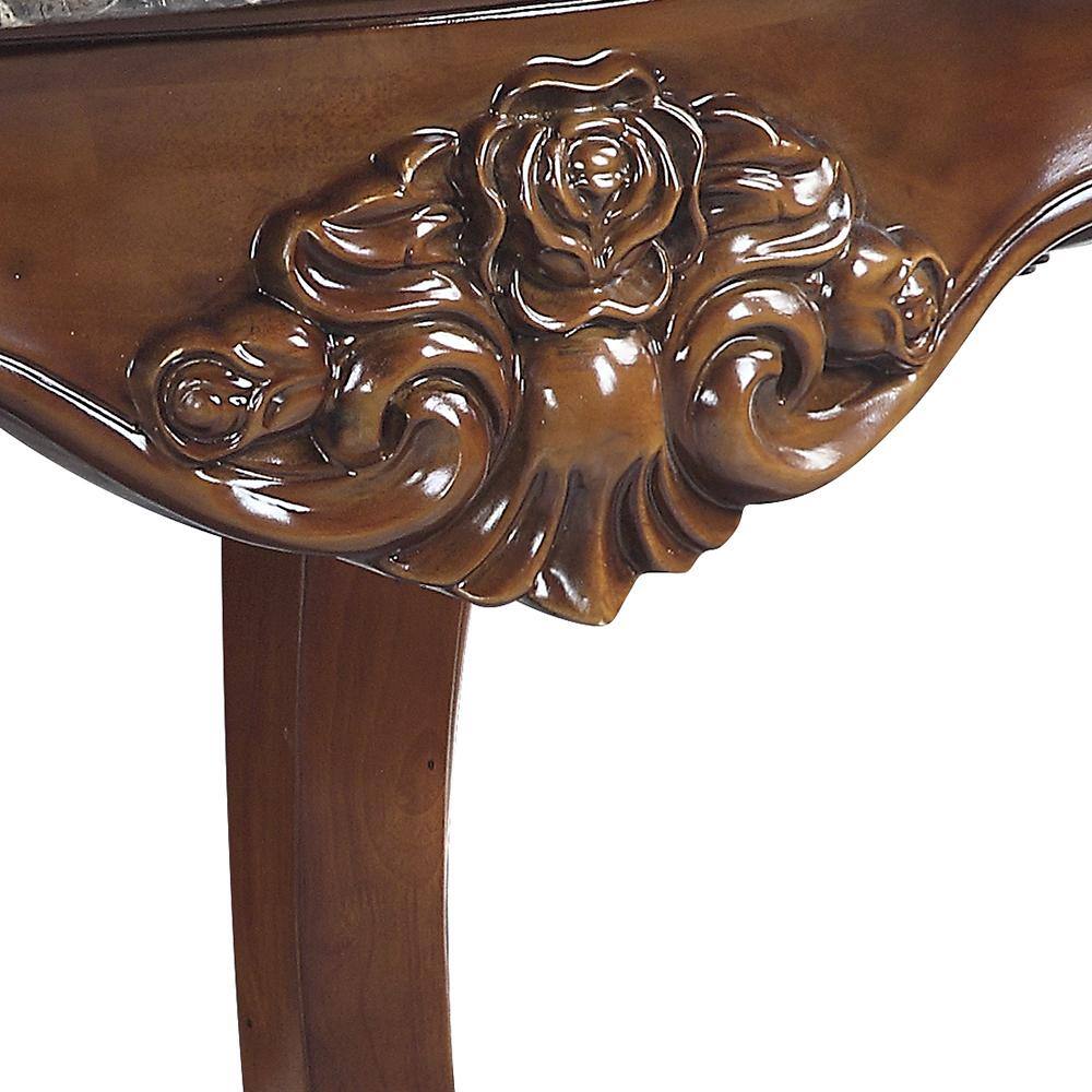 Walnut Brown Scalloped Marble Top End Table with Carved Floral Motifs