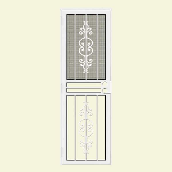 Unique Home Designs 28 in. x 80 in. Estate White Recessed Mount All Season Security Door with Insect Screen and Glass Inserts