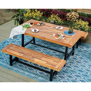 Black 3-Piece Patio Acacia Wood with Rectangular Table Outdoor Dining Set and Long Benches