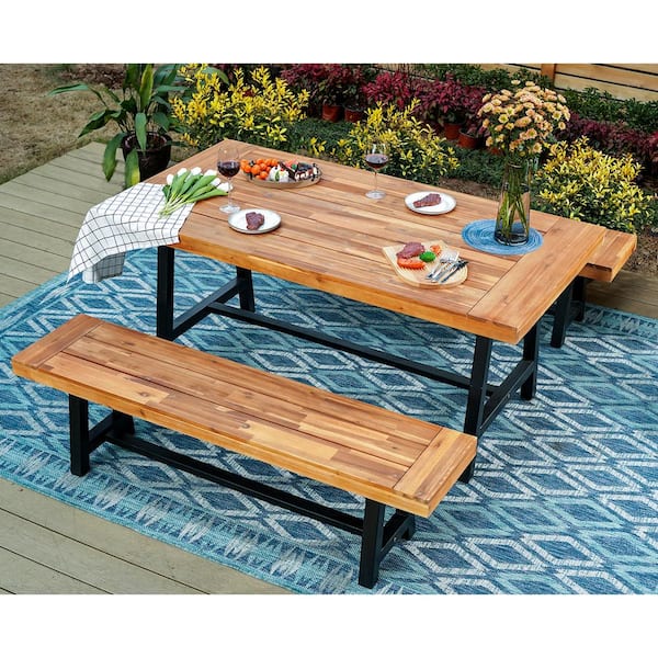 PHI VILLA Black 3-Piece Patio Acacia Wood with Rectangular Table Outdoor Dining Set and Long Benches
