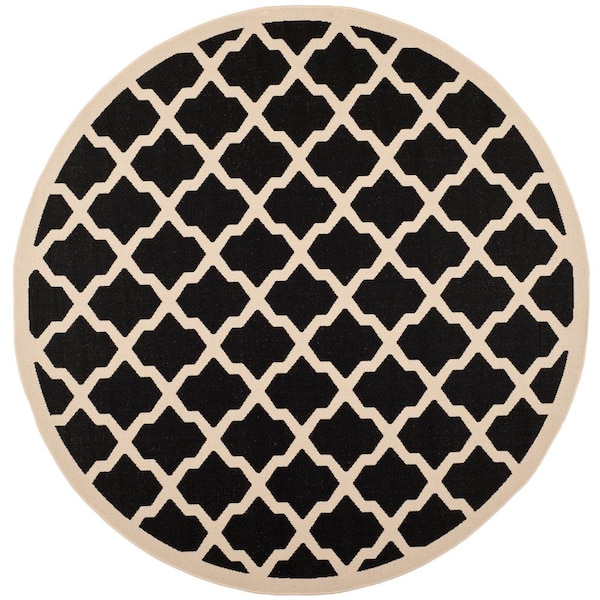 SAFAVIEH Courtyard Black/Beige 8 ft. x 8 ft. Round Geometric Indoor/Outdoor Patio  Area Rug