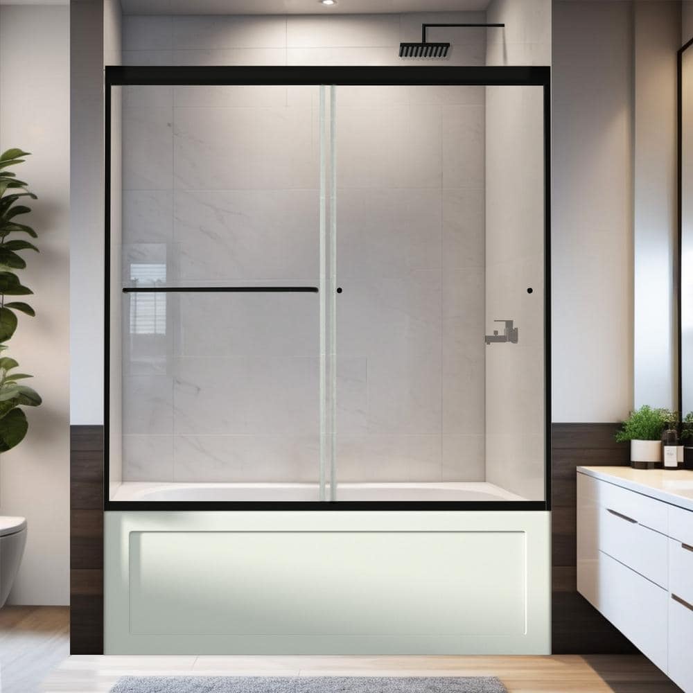 Matte Black Semi-Frameless Sliding Bathtub Door with Clear Glass