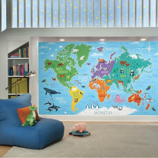 Blue World Map Self-adhesive Vinyl Removable Poster Prints Sticker Wall Mural 15