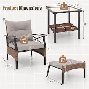 Brown 5-Piece Metal Patio Conversation Set with 2-Tier Coffee Table & 2 Ottomans Cushions