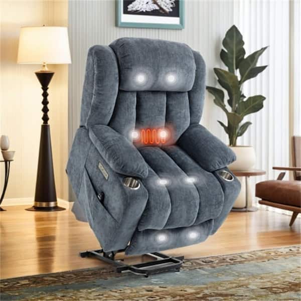 Grey Chenille Power Lift Recliner Chairs Electric Recliner with Massage and Heating, 2-Cup Holders and USB Ports