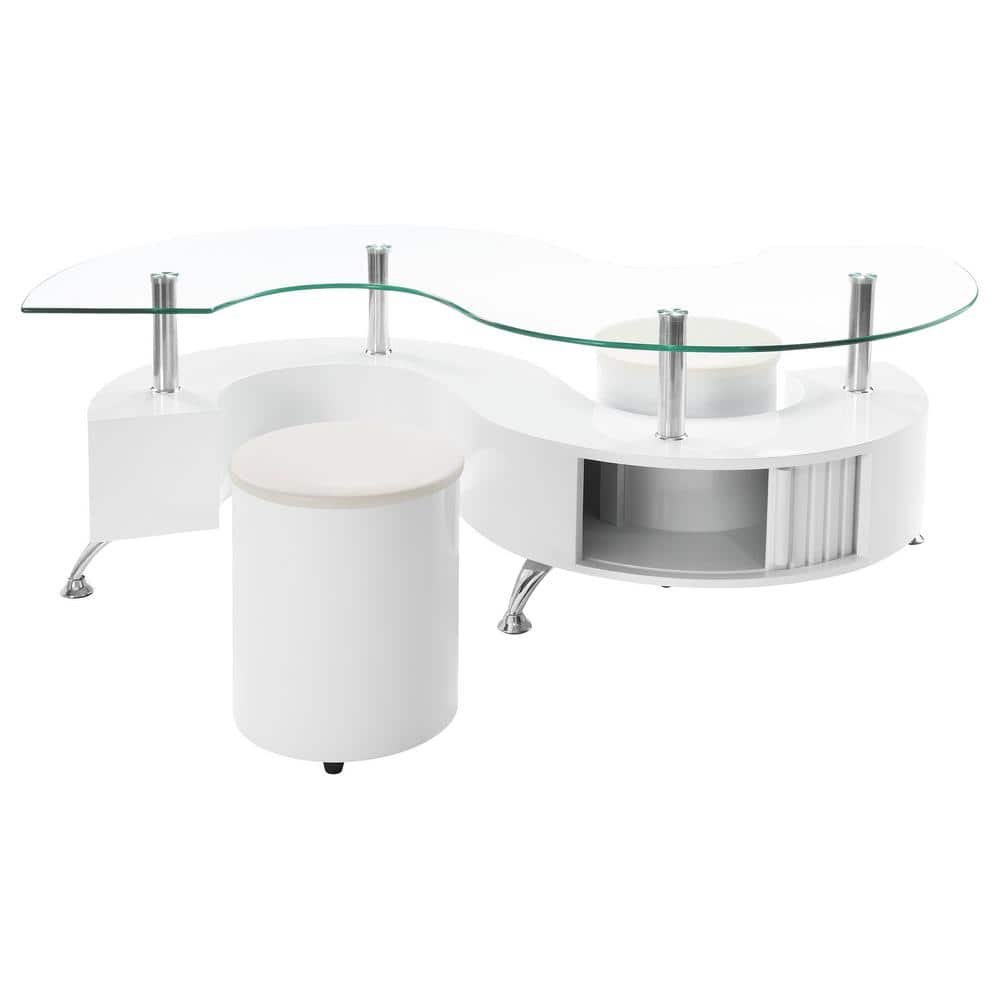 Curved Glass Top Coffee Table with White Stools