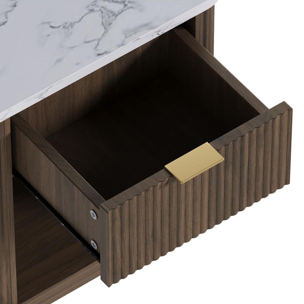 Close-up of the tempered glass top and wooden structure of the nightstand.