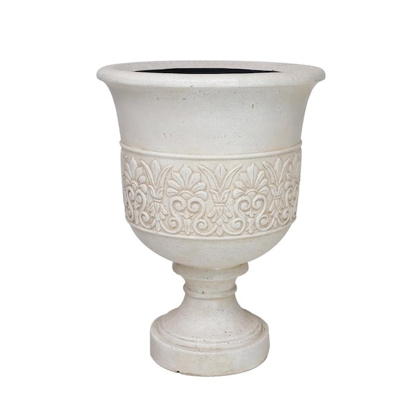 MPG 28 in. H Light Aged White Cast Stone Fiberglass Veranda Urn Planter