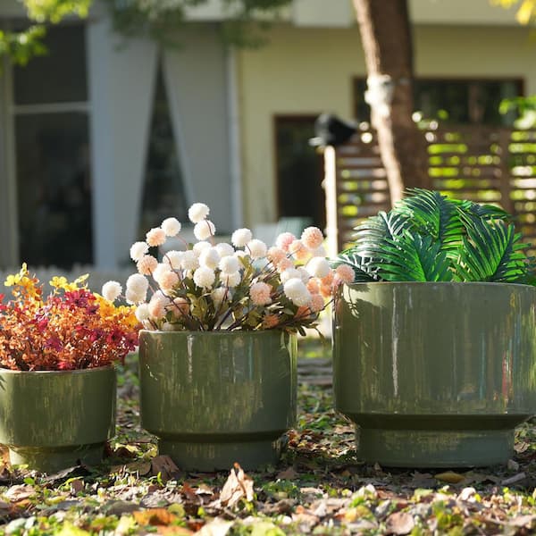 Set of 3 13 in. Antique Light Green Ceramic Flowerpot-Round Modern Planter with Drainage Hole, Frost &Weather Resistant