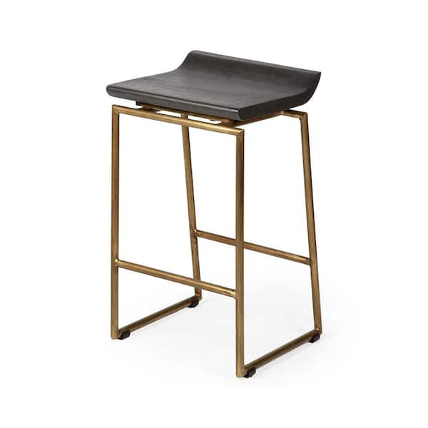 Mercana Givens 24.25 in. Seat Height Brown Wood Seat Gold Metal Frame Stool