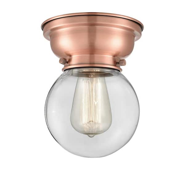 Beacon 6.25 in. 1-Light Antique Copper Industrial Flush Mount with Clear Glass Shade