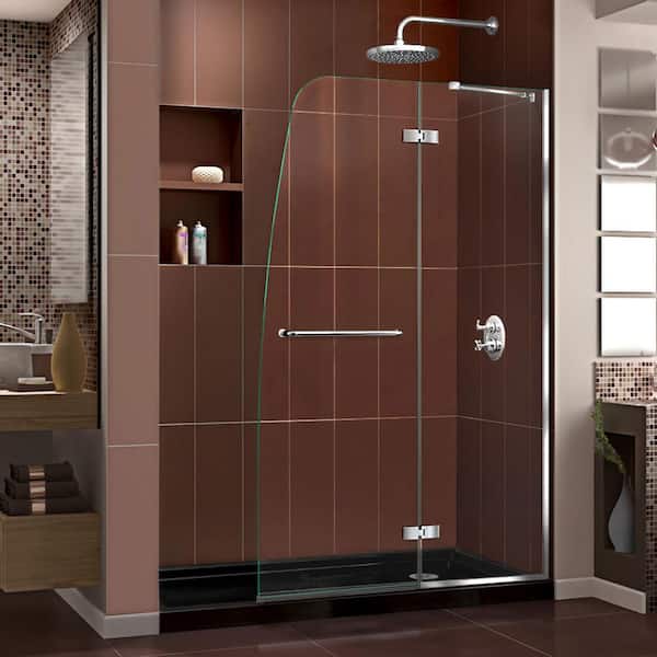 DreamLine Aqua Ultra 34 in. x 60 in. x 74.75 in. Semi-Frameless Hinged Shower Door in Chrome with Shower Base in Black