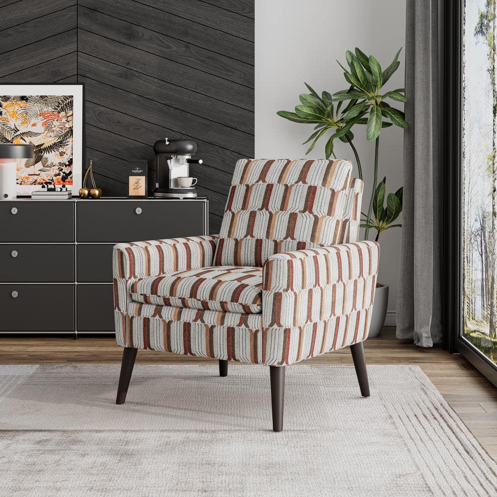 Mid-Century Modern Tan, Cream, and Red Stripe Barrel Accent Chair