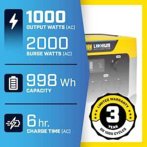998-WH Power Station 2000/1000-Watt Electric Start Portable Lithium-Ion Battery Solar Generator