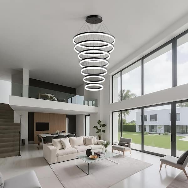 YANSUN 7-Light Modern Ring Black LED Chandelier, Dimmable