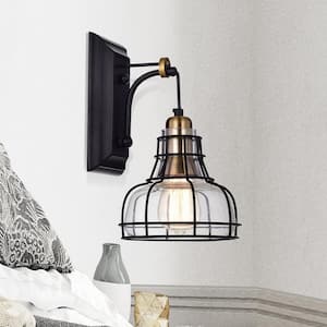Paris 1-Light Black and Antique Gold Industrial Indoor Wall Sconce with Black Cage and Clear Glass Shade