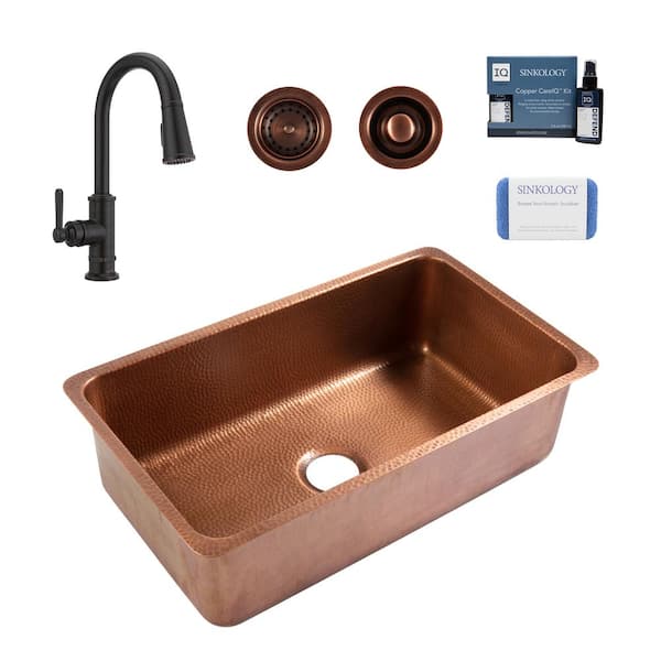Rivera 31.25 in. Undermount Single Bowl 16 Gauge Antique Copper Kitchen Sink with Port Haven Bronze Faucet Kit