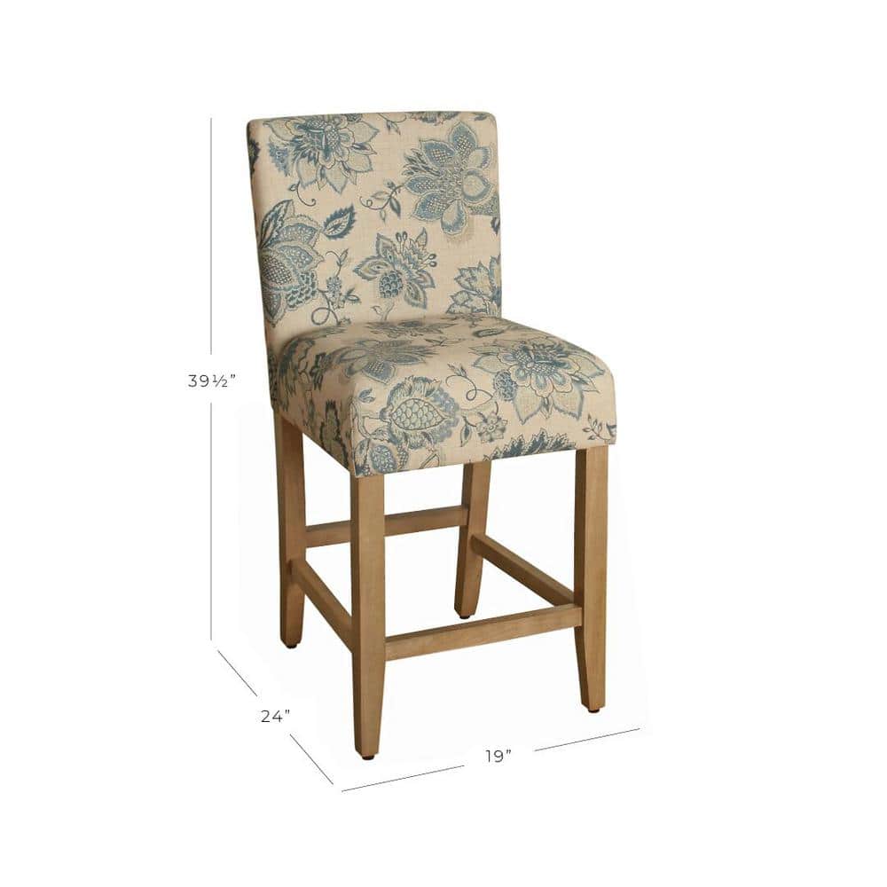 Lexie 24" Blue Floral Upholstered Counter Stool with Wood Legs