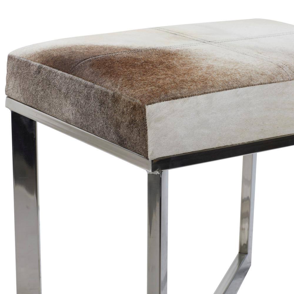 Silver Hair on Hide Upholstered Stool with Steel X-Base
