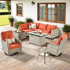 Savona 9-Piece Wicker Outdoor Patio Conversation Sectional Chair Set with Rectangular Fire Pit and Red Cushions