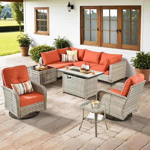 Toject Savona 9-Piece Wicker Outdoor Patio Conversation Sectional Chair Set with Rectangular Fire Pit and Red Cushions