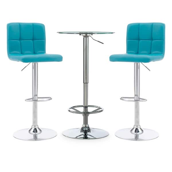 Gonzalez 3-Piece Round Glass Top Adjustable Chrome Base with Adjustable Teal Faux Leather Barstools Bar Table Set