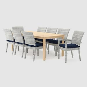 Cannes/Kooper 9-Piece Wood Wicker Outdoor Dining Set with Sunbrella Navy Blue Cushions