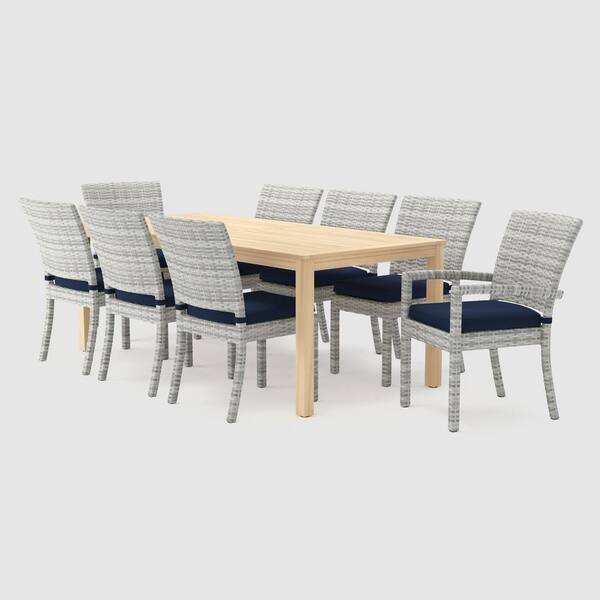 RST BRANDS Cannes/Kooper 9-Piece Wood Wicker Outdoor Dining Set with Sunbrella Navy Blue Cushions