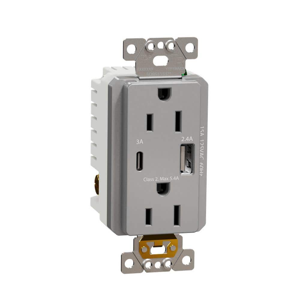 Gray 15A Tamper Resistant USB Outlet with Wall Plate
