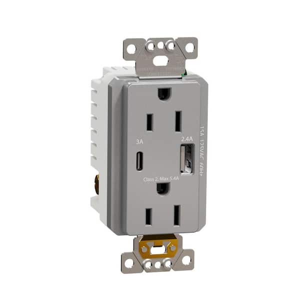 X Series 15 Amp 125-Volt Tamper Resistant Indoor USB A/C 5.4 Amp Duplex Decorator Outlet Back Wire Clamps Matte Gray