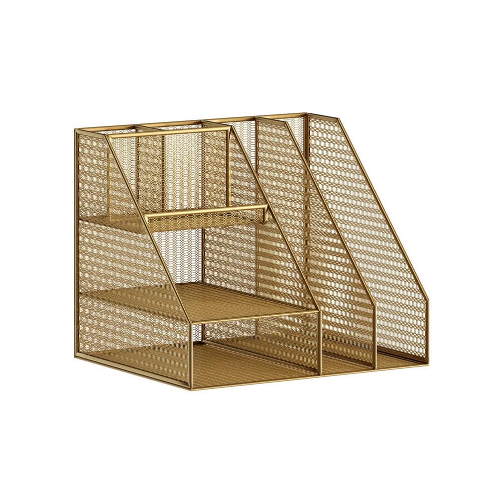 Gold Mesh Metal Large Desktop Organizer with File and Pen Holders