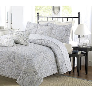 Intercut Floral Medallion Printed Suzani 3-Piece Grey Tan Periwinkle Blue Polyester Queen Quilt Bedding Set