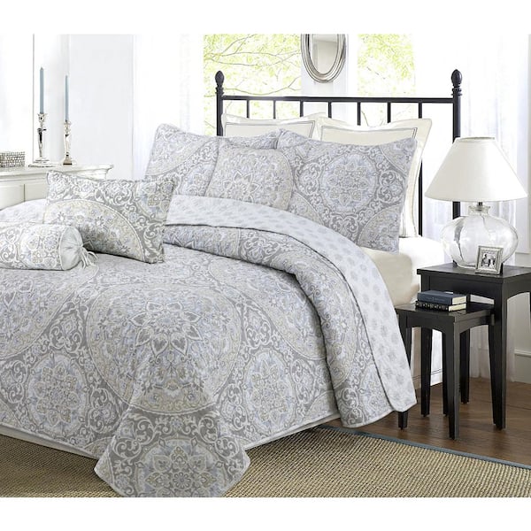 Cozy Line Home Fashions Intercut Floral Medallion Printed Suzani 3 Piece Grey Tan Periwinkle Blue Cotton Queen Quilt Bedding Set Bb2019 010q The Home Depot