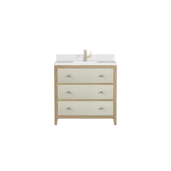 James Martin Vanities Celeste 36.0 in. W x 23.5 in. D x 36 in. H Single Bathroom Vanity in Sunwashed Oak and White Zeus Quartz Top