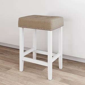 Hylie 24 in. Natural Flax Nailhead Saddle Cushion White Wood Counter Height Bar Stool