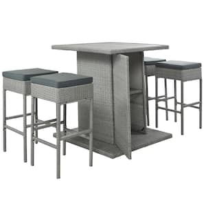 5-Piece Gray Wicker Outdoor Dining Set, Square Table Set w/Storage Shelf and 4 Padded Stools, Gray Wicker plus Cushion