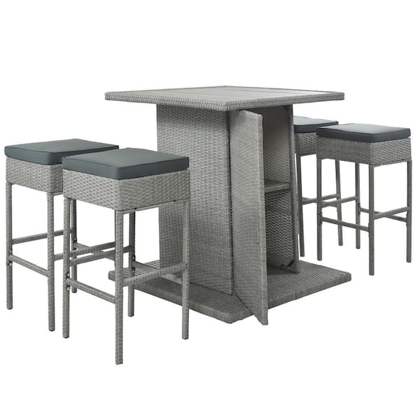HOTEBIKE 5-Piece Gray Wicker Outdoor Dining Set, Square Table Set w/Storage Shelf and 4 Padded Stools, Gray Wicker plus Cushion