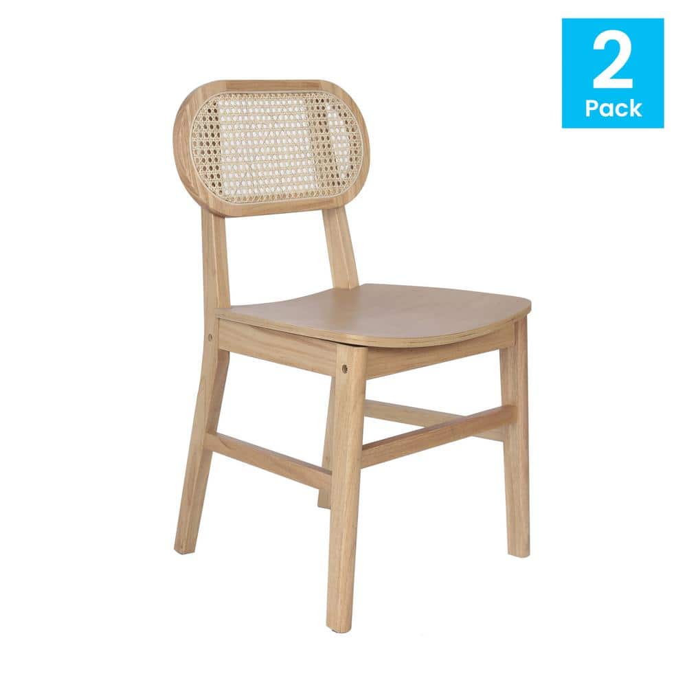 Natural Wood and Cane High Back Dining Chairs, Set of 2
