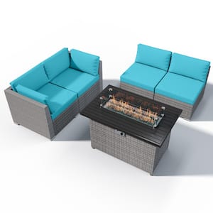 5-Piece Outdoor Wicker Patio Furniture Set with Fire Table, Light Blue