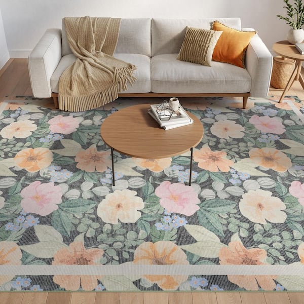 Botanical Washables Charcoal Multicolor 4 ft. x 6 ft. Floral Contemporary Area Rug