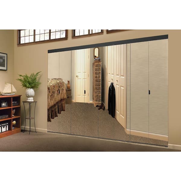 96 in. x 80 in. Polished Edge Frameless Mirrored Glass Solid Core MDF Interior Closet Bi-fold Door with Black Trim