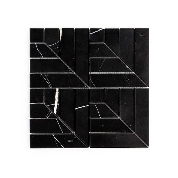 Jeffrey Court Ancient Nero Marquina Black 12 in. x 12 in. Angular Polished Marble Wall and Floor Mosaic Tile (1 sq. ft./Each)