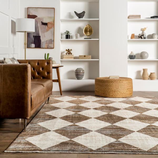 nuLOOM Meline Checkered Fringe Beige 6 ft. 7 in. x 10 ft. 2