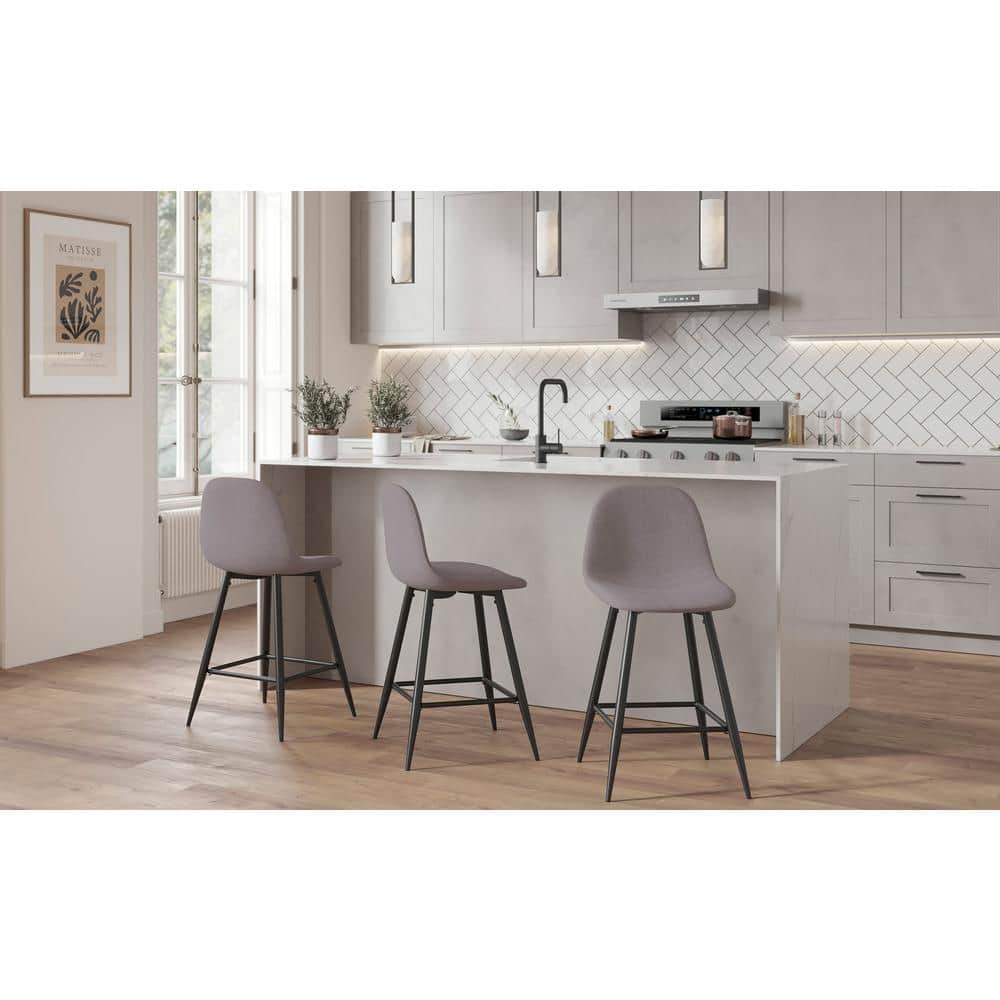 Set of 2 Black Metal Light Grey Fabric Counter Stools