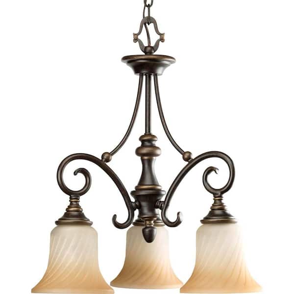 Progress Lighting Kensington Collection 3-Light Forged Bronze Chandelier with Frosted Caramel Swirl Glass