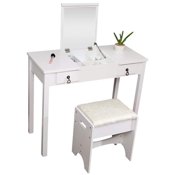 Outopee Single Mirror White Vanity Makeup Table Set with 2-Drawers (44 in. H x 35.4 in. W x 15.7 in. D)