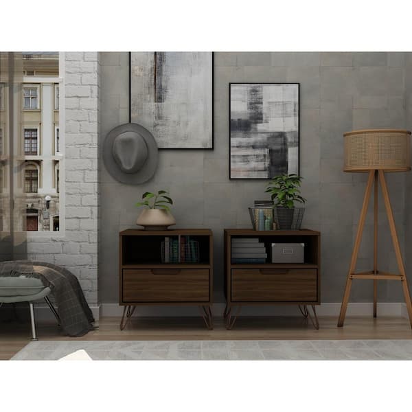 Manhattan Comfort Rockefeller 1-Drawer Brown Nightstand (Set of 2)