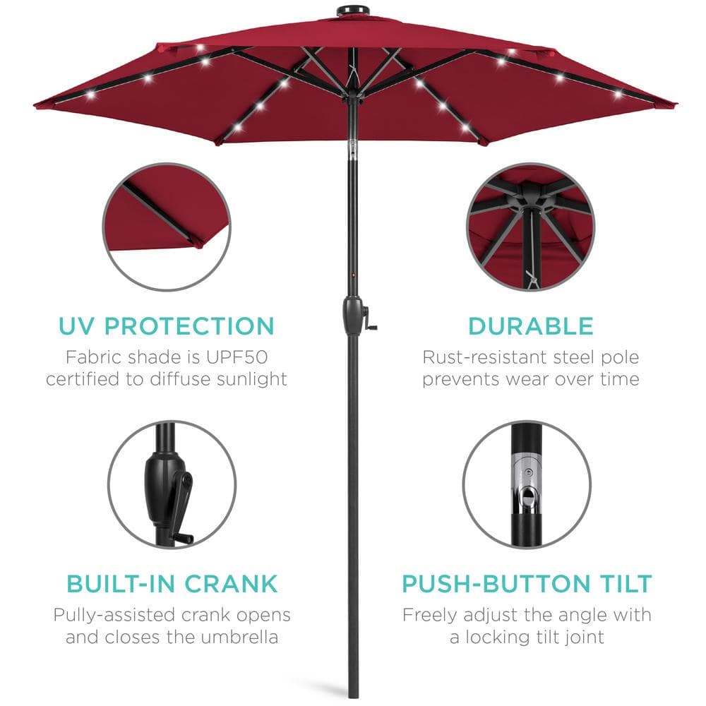 Burgundy Solar-Powered Tilting Patio Umbrella with LED Lights and Steel Pole