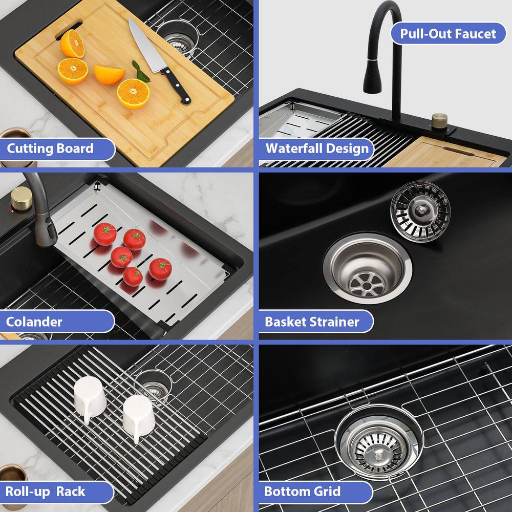 33" Matte Black Granite Composite Single Bowl Kitchen Sink with Pull Down Faucet