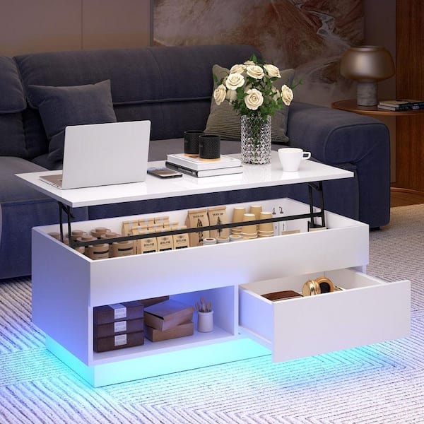 WOODYHOME 40.16 in. White Rectangle Wood Lift Top Coffee Table